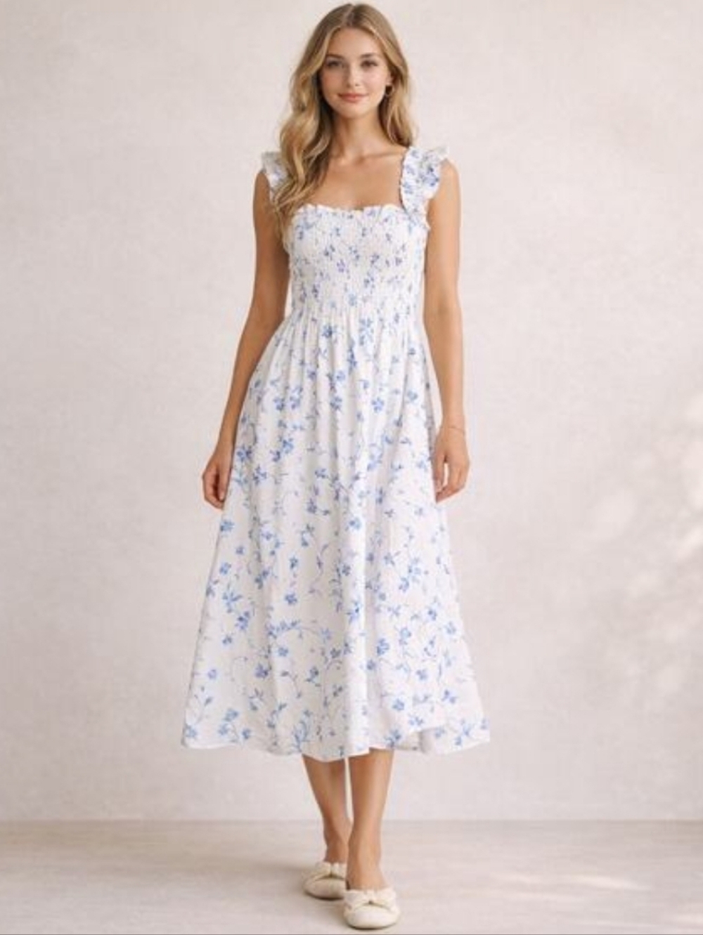 Hill House The Ellie Nap Smocked Tiered Midi Dress In Blue Botanical - Picture 10 of 10